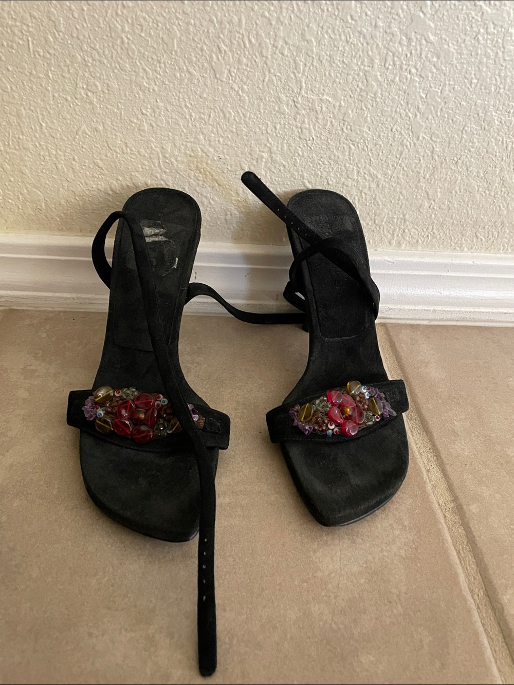 Black Beaded Strappy Heel Sandals with Multicolor Gem Accents